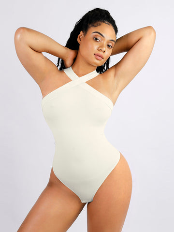 Ribbed Halter Neck Bodysuit - White
