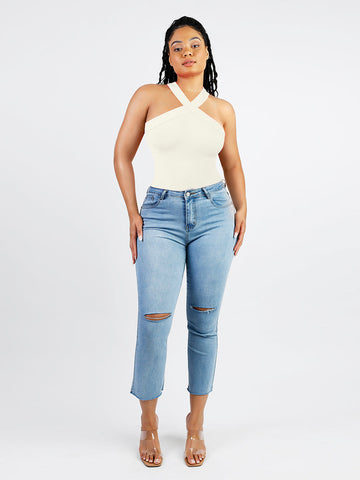 Ribbed Halter Neck Bodysuit - White
