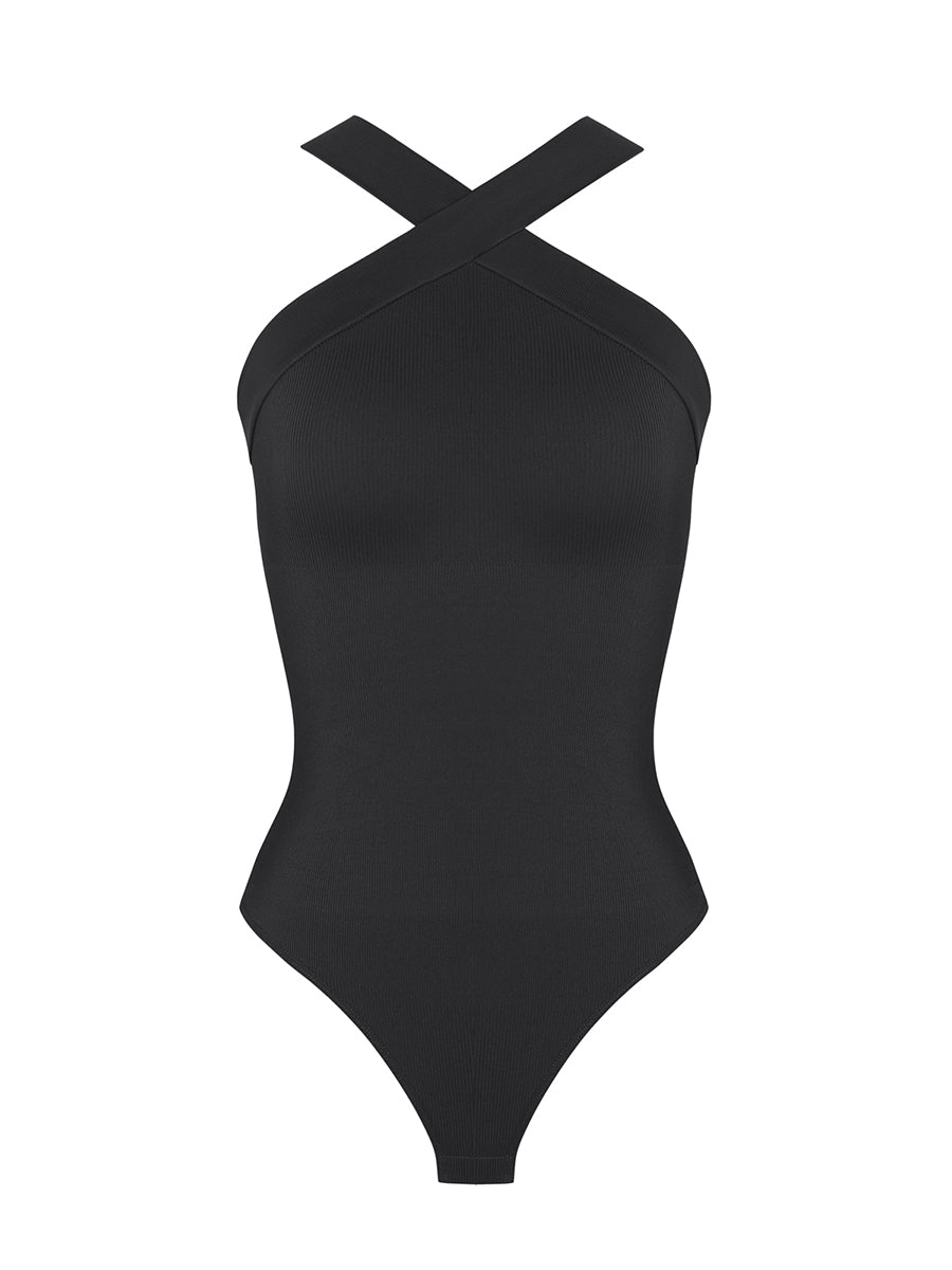 Ribbed Halter Neck Bodysuit - Black