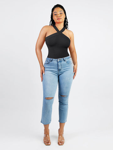 Ribbed Halter Neck Bodysuit - Black