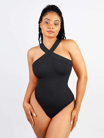 Ribbed Halter Neck Bodysuit - Black