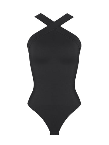 Ribbed Halter Neck Bodysuit - Black