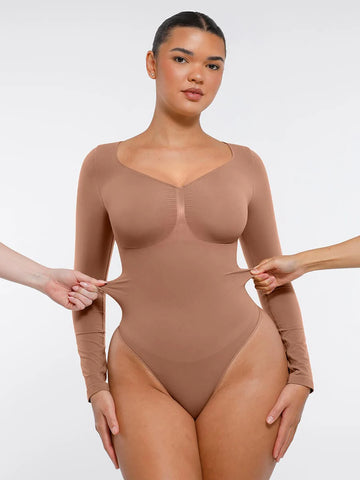 SculptCurve Long Sleeve Thong Bodysuit  - Light Brown