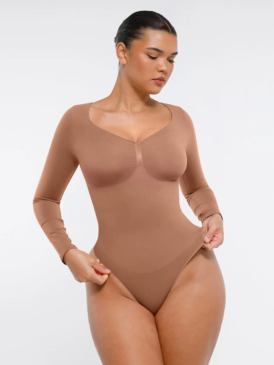 SculptCurve Long Sleeve Thong Bodysuit  - Light Brown