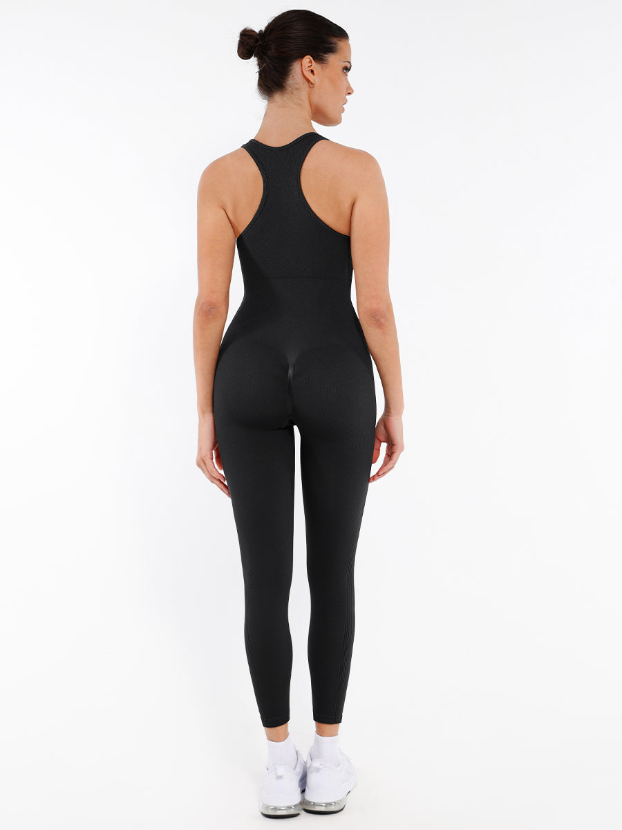 Black jumpsuit full back view with sleek fitted design