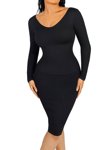 V-Neck Ribbed Shaping Dress - Black