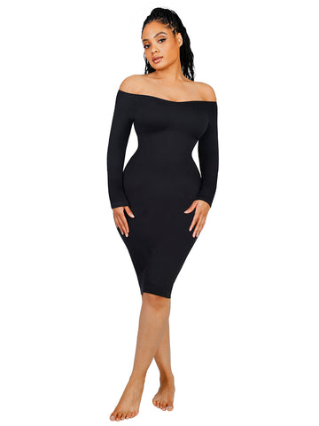 V-Neck Ribbed Shaping Dress - Black