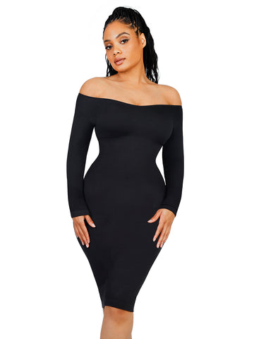 V-Neck Ribbed Shaping Dress - Black