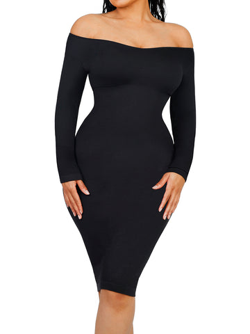 V-Neck Ribbed Shaping Dress - Black