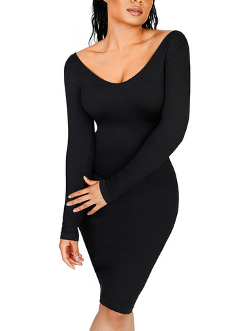 V-Neck Ribbed Shaping Dress - Black