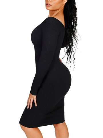 V-Neck Ribbed Shaping Dress - Black