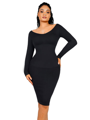 V-Neck Ribbed Shaping Dress - Black