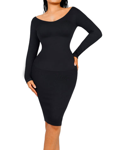 V-Neck Ribbed Shaping Dress - Black