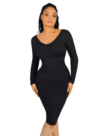 V-Neck Ribbed Shaping Dress - Black