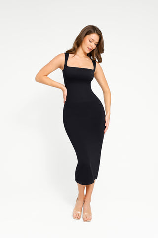 Square Neck Midi Dress - Black