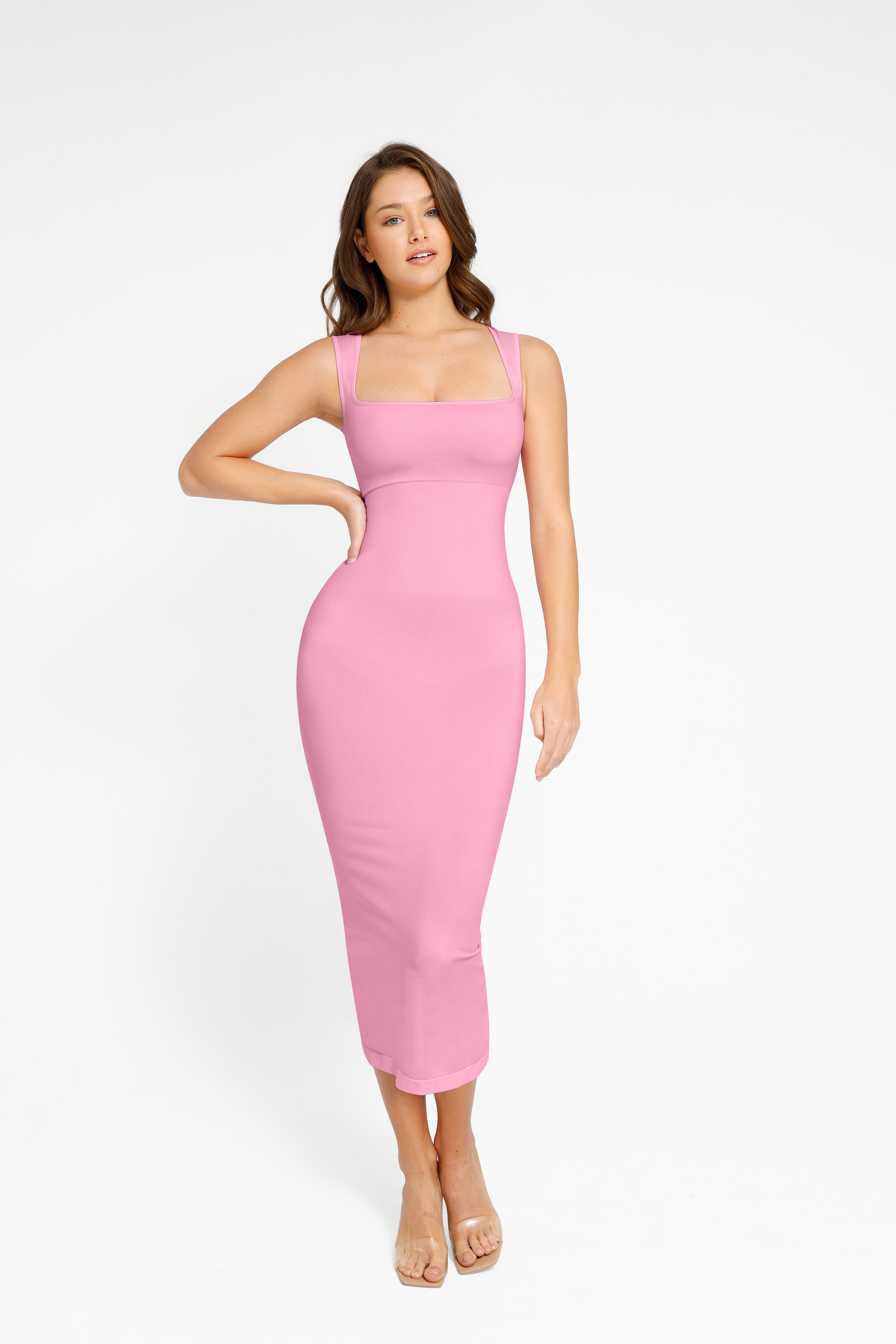 Square Neck Midi Dress - Pink Shop Lily Square Neck Midi Dress - Pink Shop Lily