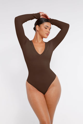 Long Sleeve Ribbed V Neck Bodysuit - Brown