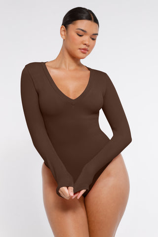 Long Sleeve Ribbed V Neck Bodysuit - Brown