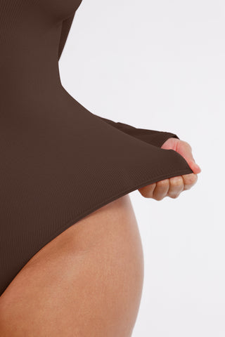 Long Sleeve Ribbed V Neck Bodysuit - Brown