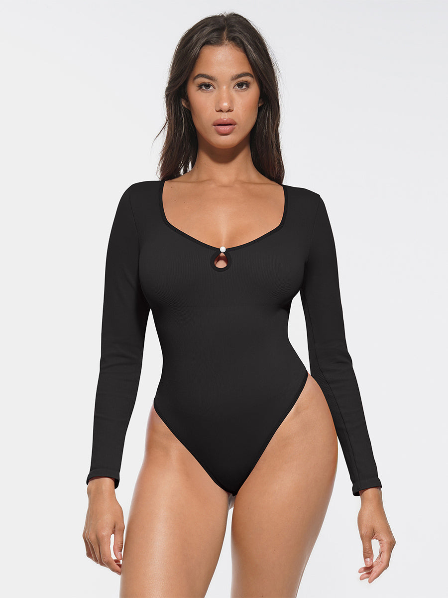Long Sleeve Ribbed Bodysuit - Black