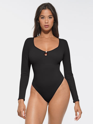 Long Sleeve Ribbed Bodysuit - Black