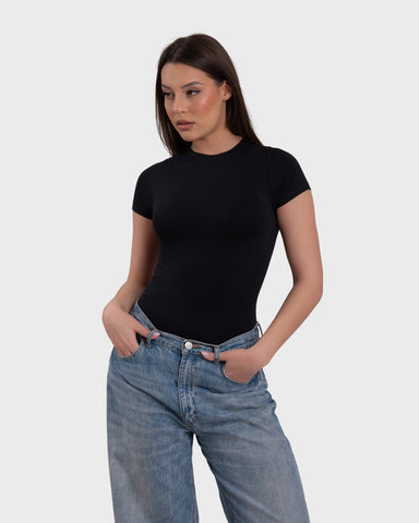 Short Sleeve Crew Neck Bodysuit - Black