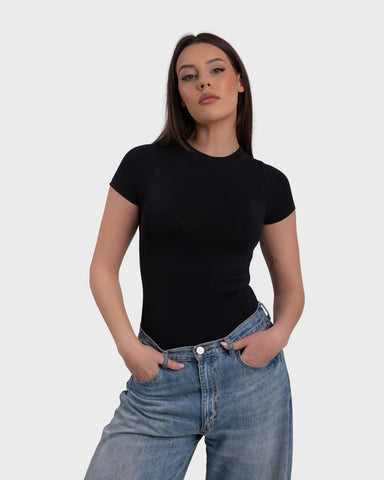 Short Sleeve Crew Neck Bodysuit - Black