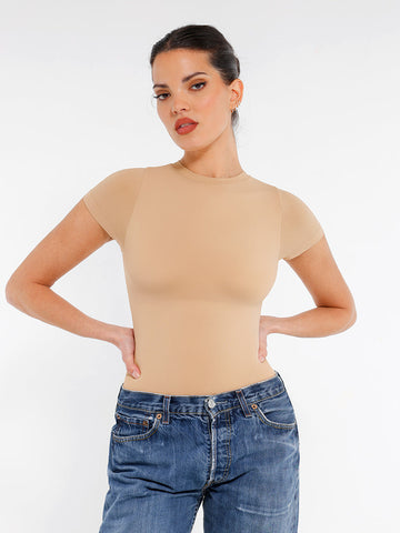 Short Sleeve Crew Neck Bodysuit - Nude