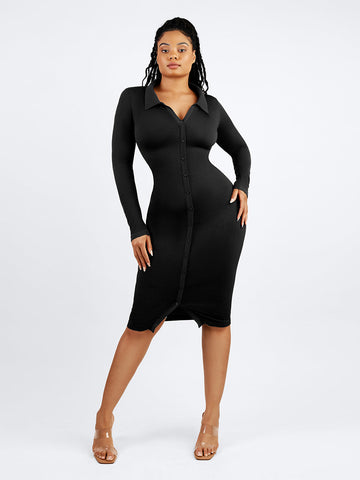 Long Sleeve Ribbed Button Dress - Black