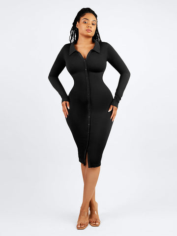 Long Sleeve Ribbed Button Dress - Black